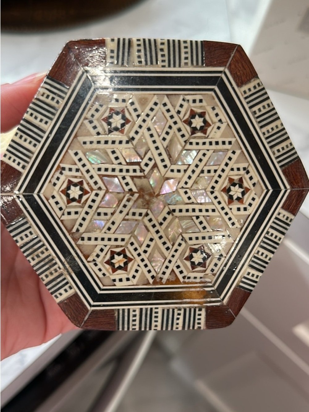 Hexagonal Inlaid Mosaic Trinket Box - Mother of Pearl & Wood